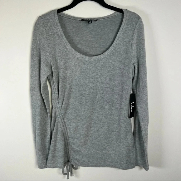Lulus Womens Cinch Side Shirt Gray Long Sleeve Blouse Stretch Soft Bow Small NWT - Picture 1 of 12